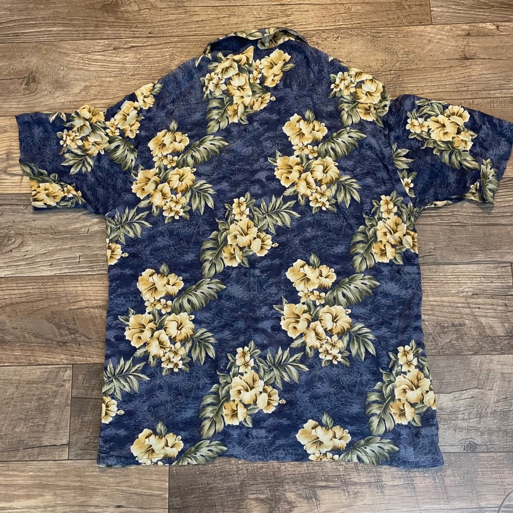 Pierre Cardin Mens Large Blue Tropical Hibiscus Floral Rayon Hawaiian Camp Shirt - Picture 7 of 7
